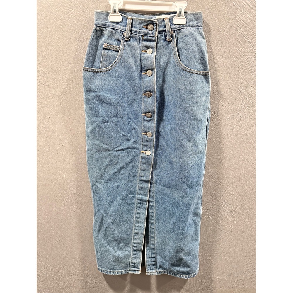 Vintage Contempo Casuals Denim Midi Skirt Button Front Light Wash Size 5 USA